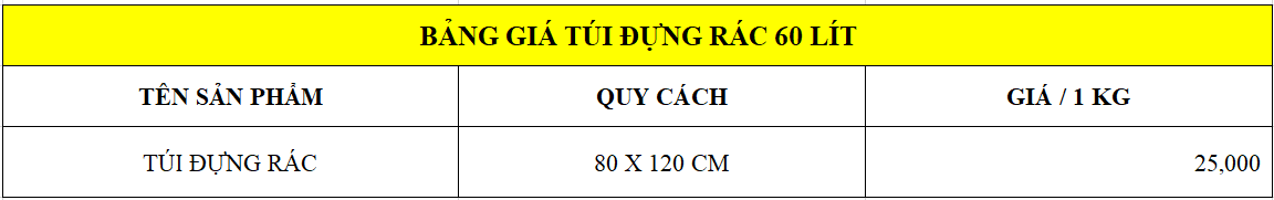 Bãng báo giá túi đựng rác 60 lít tại Cao Đông Thịnh