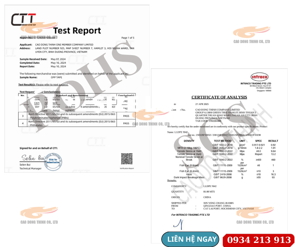 Chứng nhận RoHS và SGS về sản phẩm băng keo